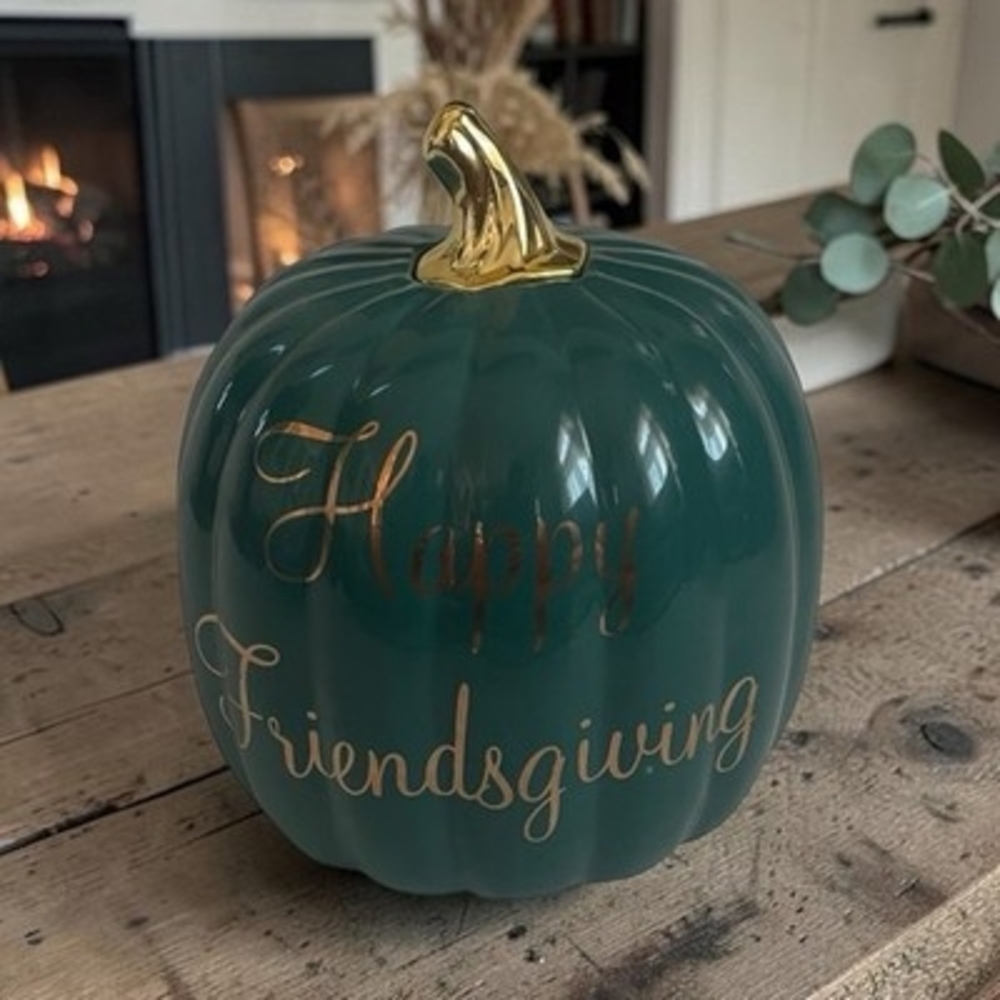 Happy Friendsgiving Ceramic Pumpkin Decor Green Gold 8x8.5 EXC Fall Thanksgiving